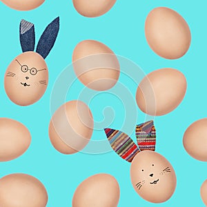 Seamless pattern made of photos of henâ€™s eggs with eggshell texture. Some eggs have Easter bunny funny faces and textile ears.