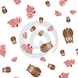 Seamless pattern made of pig and owls