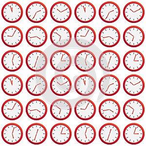 Seamless pattern made of red clock showing different time, isolated on white