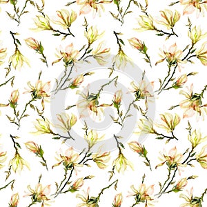 Seamless pattern made of yellow magnolia flowers on a branch on white background. Watercolor painting. Hand painted.