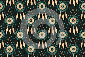 Seamless pattern with magic dream catchers with beads, feathers on a black background. Vector illustration, retro