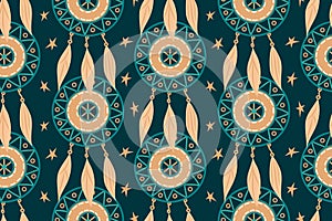 Seamless pattern with magic dream catchers with beads, feathers on a dark background. Vector illustration, retro pattern