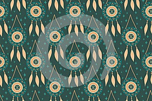 Seamless pattern with magic dream catchers with beads, feathers on a dark background. Vector illustration, retro pattern