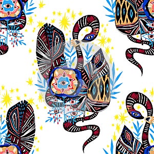 Seamless pattern of magic jungle plant flower with many eyes and snake in vivid multicolor jungle leaves.