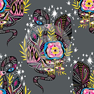 Seamless pattern of magic jungle plant flower with many eyes and snake in vivid multicolor jungle leaves.