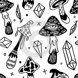 Seamless pattern with magic mushroomst. Psychedelic hallucination. Black and white pattern. 60s, 70s retro print