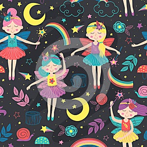 Seamless pattern with magic night fairies