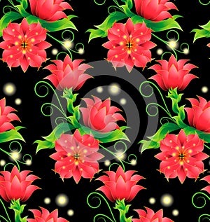 Seamless pattern with magic red flowers on black