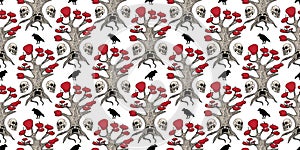 Seamless pattern. Magic trees with faces. CHARDREVO. THREE-EYED CROW. TREE WITH RED LEAVES