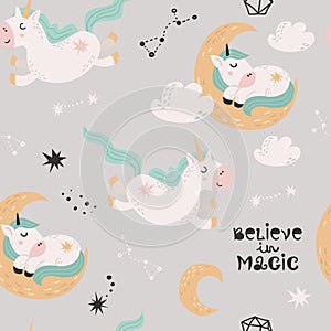 Seamless pattern with magic unicorns