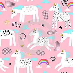 Seamless Pattern with Magic Unicorns and Rainbow. Childish Fairytale Background for Fabric Textile, Wallpaper, Wrapping