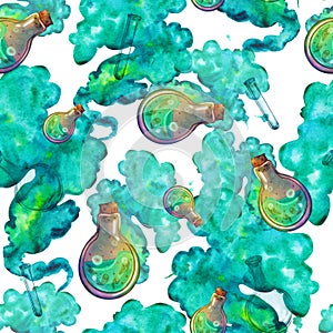 Seamless pattern with magical abstract green smoke. Watercolor illustration of mystical objects. Halloween collection.