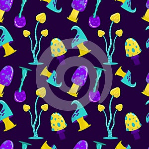 Seamless pattern of magical fantastic mushrooms in cartoon style on dark background. A variety of mushrooms of purple