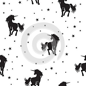 Seamless pattern magical unicorn and stars on white background, vector illustration