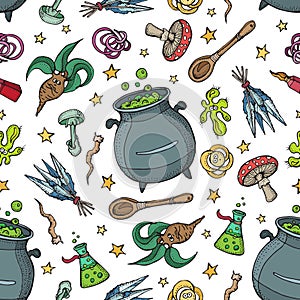 Seamless pattern of Magician and alchemy tools: mandrake, crystal, roots, potion, feather, mushrooms, spoon. Halloween