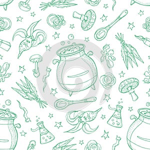 Seamless pattern of Magician and alchemy tools: mandrake, crystal, roots, potion, feather, mushrooms, spoon. Halloween