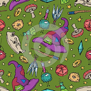 Seamless pattern of Magician and alchemy tools: skull, crystal, roots, potion, feather, mushrooms, hat. Halloween