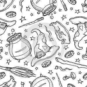 Seamless pattern of Magician and alchemy tools: skull, crystal, roots, potion, feather, mushrooms, hat. Halloween