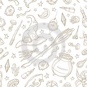 Seamless pattern of Magician and alchemy tools: skull, crystal, roots, potion, feather, mushrooms, hat. Halloween