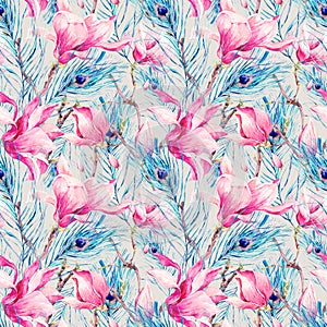 Seamless Pattern with Magnolia and Peacock Feather