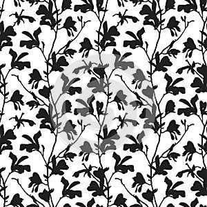 Seamless pattern with magnolia tree blossom in black and white. Floral background with branch and magnolia flower