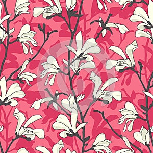 Seamless pattern with magnolia tree blossom. Pink floral background with branch and white magnolia flower. Spring design