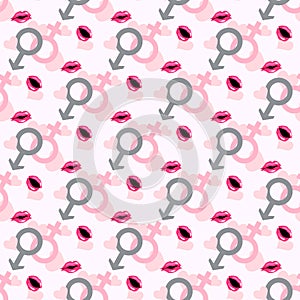 Seamless pattern of male female icon with hearts and sexy lips. Woman, man symbol
