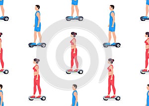Seamless pattern with Man and Woman riding Electric hoverboards