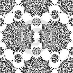 Seamless pattern mandala henna mehndi floral lace elements of buta decoration items on white background.