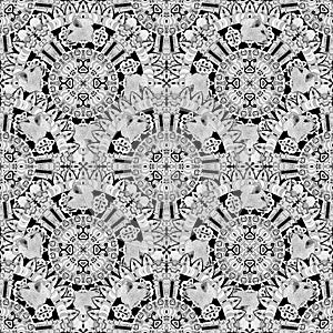 seamless pattern of mandalas with lionesses in black and white