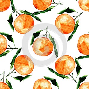 seamless pattern Mandarin with leaves isolated on white background Watercolor illustration of bright orange solid Mandarin for