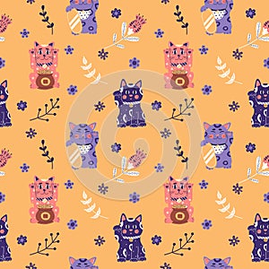 Seamless pattern with Maneki neko, japanese lucky cat, fortune symbol. Cute kitty character of oriental flat vector