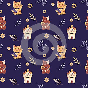 Seamless pattern with Maneki neko, japanese lucky cat, fortune symbol. Cute kitty character of oriental flat vector