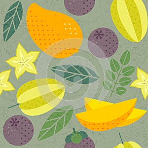 Seamless pattern. Mango, Carambola starfruit and Mangosteens.  Ripe fruits with leaves on shabby background.