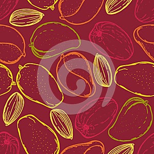 Seamless pattern with mango. Collection of mangos. Tropical fruit. Hand drawn food background.