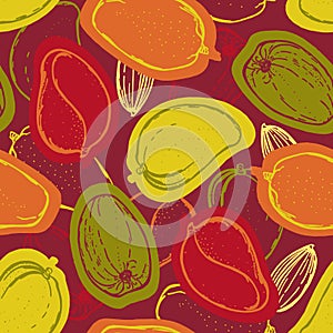 Seamless pattern with mango. Collection of mangos. Tropical fruit. Hand drawn food background.