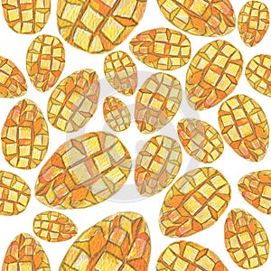 Seamless pattern Mango. Hand painted watercolor. Handmade fresh food design elements isolated