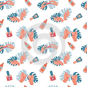 Seamless pattern with manicure tools hands and monstera leaves Flat vector illustration