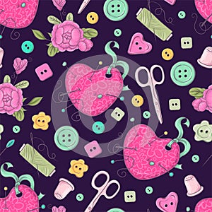 Seamless pattern of mannequin sewing accessories. Hand drawing. Vector illustration