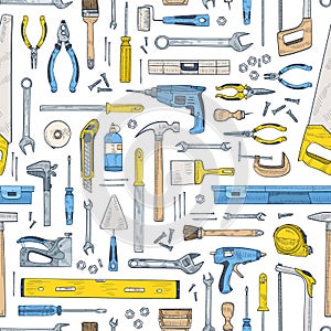 Seamless pattern with manual and powered tools for handcraft and woodworking. Backdrop with equipment for home repair