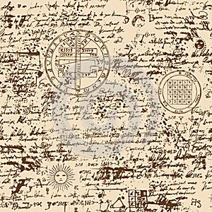 Seamless pattern, manuscript with occult symbols