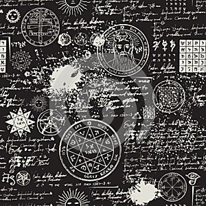 Seamless pattern, manuscript with occult symbols