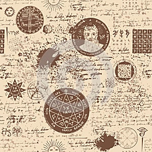 Seamless pattern, manuscript with occult symbols