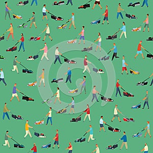 Seamless pattern. Many different people mow grass with different lawn mowers