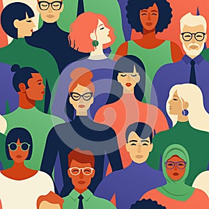 Seamless pattern of many different people profile heads