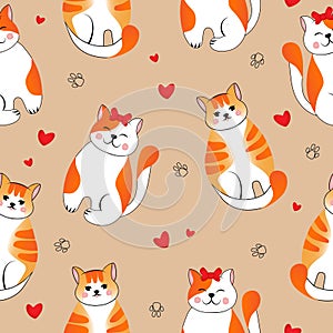 Seamless pattern with many different red cats on beige background. Vector illustration for children