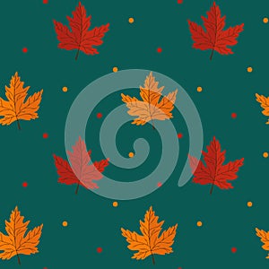 Seamless pattern with maple leaves on green background. Abstract autumn texture. Design for fabric, wallpaper, textile and decor