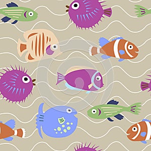 Seamless pattern with marine fish with waves