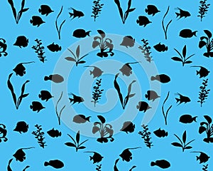 Seamless pattern with marine fishes and water plants in silhouette