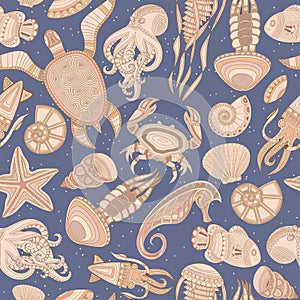 Seamless pattern with marine inhabitants